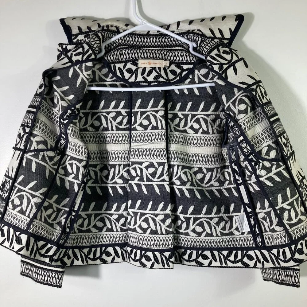 Womens Tory Burch Woven Cotton Floral Aztec Jacket Black Cream 0‎